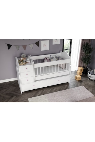 Angel Beşik Büyüyebilen Pembe Kulplu Komidinli Beyaz