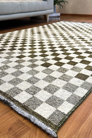 Yeşil Beyaz Modern Geometrik Dama Desenli Yıkanabilir Halı - Yo30035xm Yeşil - Beyaz