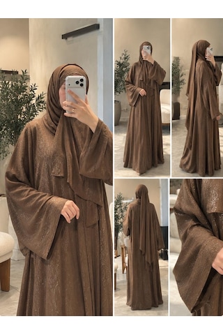Şakika Kadın Shine Abaya Ferace & Şal - Standart Beden & Farklı Boy Kahverengi