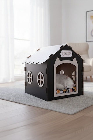 Ahşap Özel İsim Baskılı Dekoratif Kedi Evi-kulübesi, Kediler İçin Kulübe, Kedi Kulübesi Siyah