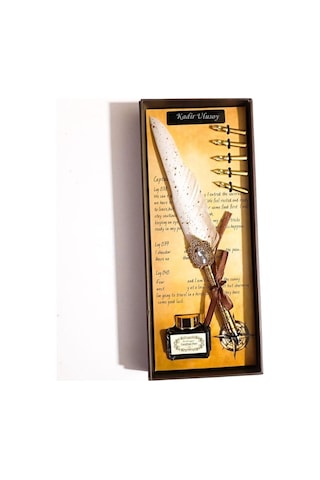 Kişiye Özel Retro Tüylü Divit Kalem Seti - Özel Kutulu Yazı Kalemi Ve Mürekkep Seti 606