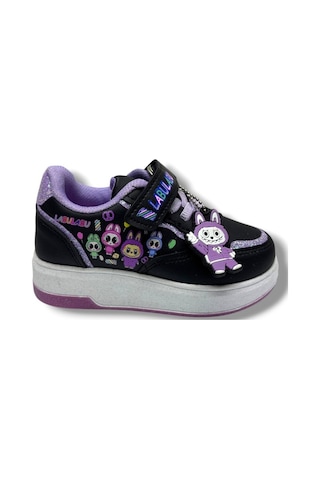 Prokids 4011-26 Cilt Deri Labubu Maskotlu Anatomik Kız Çocuk Sneaker Siyah Lila 26-30 Siyah