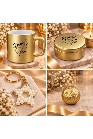 Bk Gift Kişiye Özel İsimli Gold Kahve Fincanı & Mum & Mdf Altlıklı Dekor & Anahtarlık - Hediye Kutulu Gold Set-4
