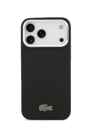 Apple Uyumlu iPhone 17 Pro Max Kılıf Lacoste Lisanslı M-safe Şarjlı Pu Pike Desenli Standlı Metal Logolu Siyah