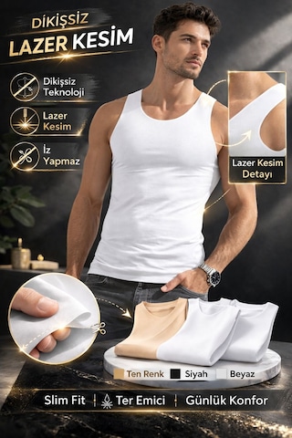 Qulat Berrak Erkek Lazer Kesim Görünmez Dikişsiz Atlet %85 Pamuk %15 Elastan Slim Fit İz Yapmaz/ 2 Adet Beyaz