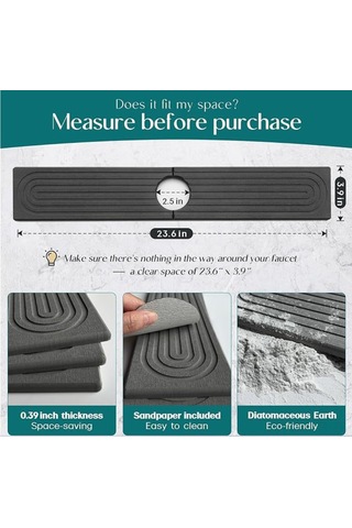 Symbee Diyatom Toprak Lavabo Su Emici Pad - Hızlı Kuruyan Mutfak/banyo Tezgahı Koruyucu - Koyu Gri 40x10cm Koyu Gri