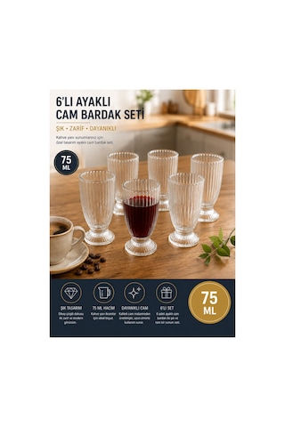 6 Lı Ayaklı Meşrubat Bardağı Seti Şık Çizgili Cam, Su Ve İçecek Sunum Bardağı Beyaz