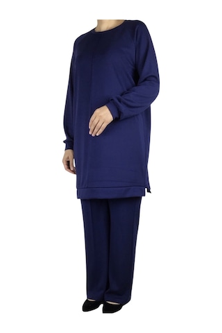 Kadın Tunik Önü Dikişli Altı Bantlı Pantolon Beli Lastikli Önü Dikişli İkili Takım Lacivert