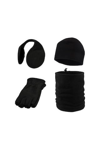 Kışlık Polar Parmaksız Eldiven Bere Boyunluk Kulaklık 4'lü Set Siyah