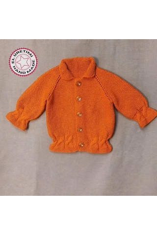 Uretti - Talia 8659 - 7761 El Örgüsü Kız Çocuk Hırka - Tulum - Şapka - Patik Takım - 1/ 2 Yaş Turuncu