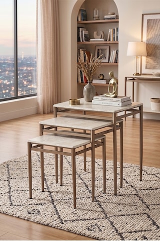 Traverten Desen Membran Kaplama 3'lü Zigon Sehpa Takımı Cappuccino Metal Ayaklı Modern Sehpa Seti