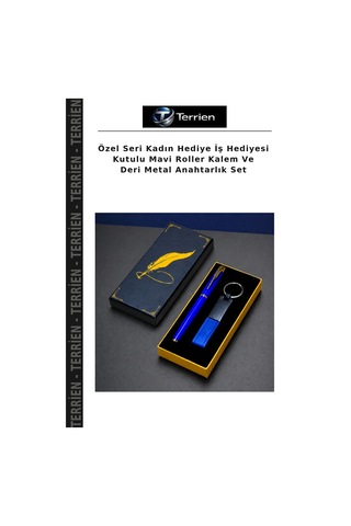 Özel Seri Kadın Hediye İş Hediyesi Kutulu Mavi Roller Kalem Ve Deri Metal Anahtarlık Set Çok Renkli