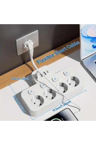 Xuweiwei 8li Güç Şeridi Siyah 4 Ac Çıkış 3 Usb Bağlantı 1 Tip-c Kompakt Duvara Monte Edilebilir Ofis Ev Seyahat İçin Avrupa Standart Fiş