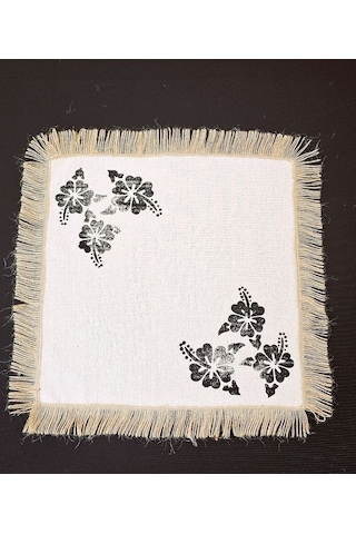 %100 Pamuklu Ham Keten Hasır Püsküllü Çiçek Taş Baskı 6' Lı Amerikan Servisi Supla Kare 42 Cm Naturel