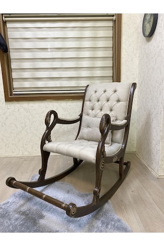 Asedia Vintage Kuğu Ceviz Krem El Oyması Ahşap Sallanan Sandalye Dinlenme Koltuğu