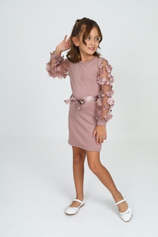 Belden Bağlamalı Tül Detaylı Çocuk Elbise Mykids Collection Pudra