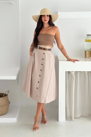 Kemerli Boydan Düğmeli Keten Etek Krem Krem