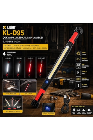 K Light Kl-d95 Çok Amaçlı Led Çalışma Lambası 52.5cm 4 Fonksiyon Renkli 360 Dönebilen Gövde Işıldak Diğer