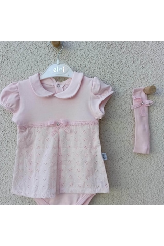 3-9 Ay Bebek Yaka Çiçek İşlemeli Bandanalı Badi Pembe