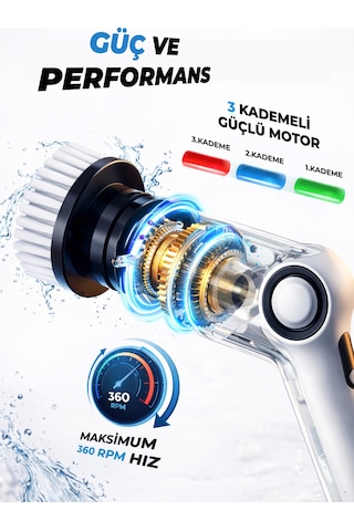 Ef-17 Şarjlı Temizlik Fırçası 3 Kademeli, 7 Başlıklı Fonksiyonel Temizlik Seti