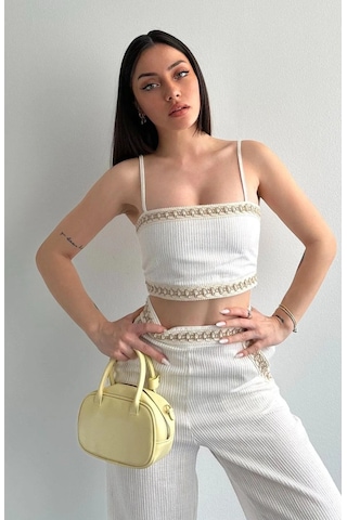 Çizgi Dokulu Dantel Şeritli Cepli Beli Lastikli Pantolon Sırt Lastikli Spor Büstiyer Keten Takım Bej