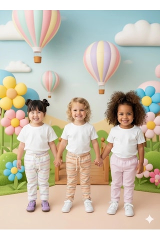 Kız Çocuk Desenli 3 Lü Paket Gündelik Rahat Pantolon Seti 2-7 Yaş Ekru-somon-a.pembe