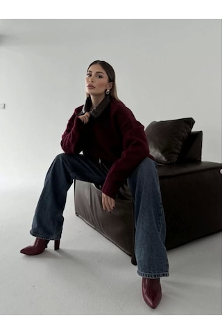 Deri Yakalı Pamuk Dokulu Çift Taraflı Çalışan Fermuar Ceket - Bordo Bordo