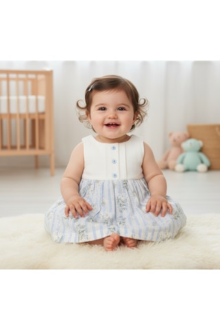 Ürünya Kız Bebek Çocuk Çiçek Desenli Sıfır Kollu Elbise Mavi