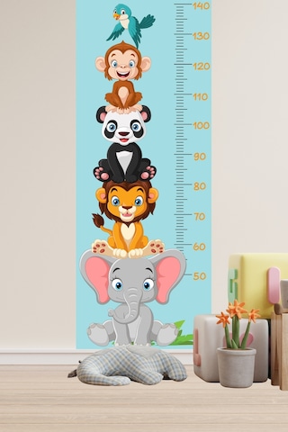 Sevimli Safari Hayvanları Boy Ölçüm Cetveli Boy Ölçer Sticker Turkuaz