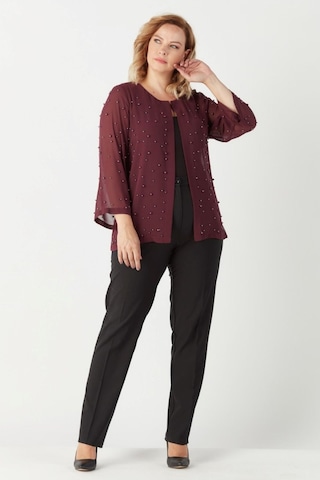 1951 Mürdüm İnci Ve Taş Baskılı Şifon Büyük Beden Şık Ceket Mürdüm