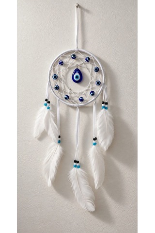 Motifli Düş Kapanı Rüya Kapanı Dream Catcher Beyaz Tüylü Bohem Duvar Süsü Bohem El Yapımı Nazar Boncuklu Düş Kapanı