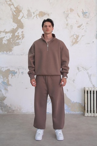 Açık Kahve Cozy Basic Yarım Fermuar Oversize Sweatshirt Açık Kahverengi