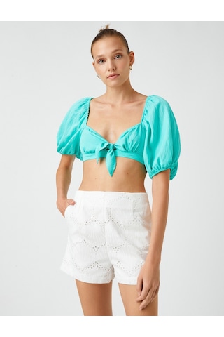 Koton Şahika Ercümen X Koton - Fiyonk Detaylı Crop Bluz Yeşil 2sak30176ew 2SAK30176EW814