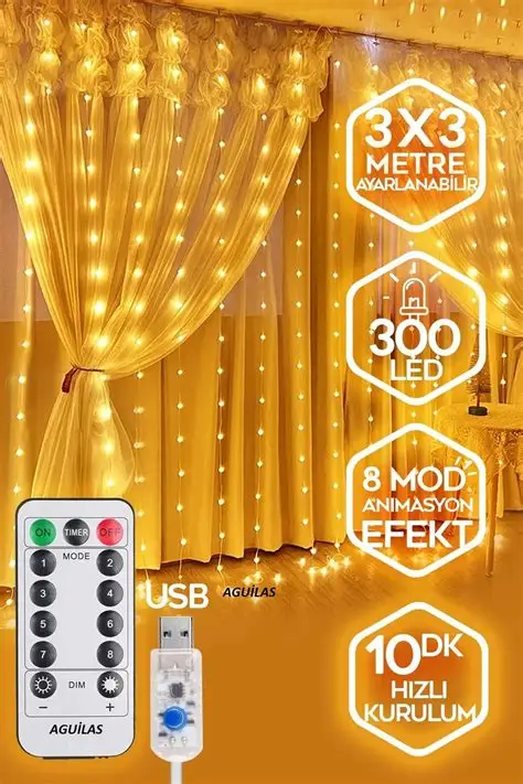 3x3 Metre Sıcak Beyaz Uzaktan Kumandalı Usb Bağlantılı Perde Led Işık Zinciri