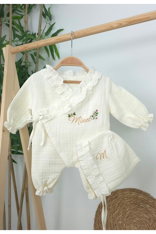 Gros Shop Müslin Yeni Doğan 4katlı Organik %100pamuk Kişiye Özgü Nakışlı Hastane Çıkış Seti Güllü Model-4 Ekru-3