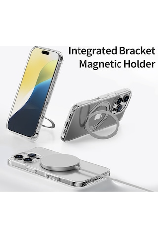 Rock Apple Uyumlu iPhone 16 Pro Crystal Rotating Magsafe Stantlı Kılıf Şeffaf Şeffaf