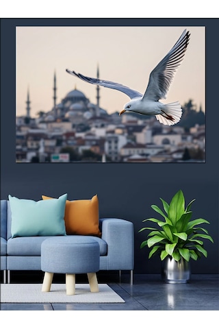 Uçan Martı Ve İstanbul Silueti Dekoratif Kanvas - Mdf Ahşap Tablo