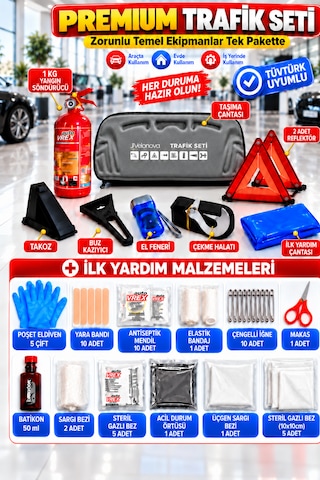 Trafik Ve İlk Yardım Seti Tüvtürk Muayene Uyumlu Ce Belgeli Abc 1kg Yangın Söndürücü Ve E Belgeli Reflektör-gri
