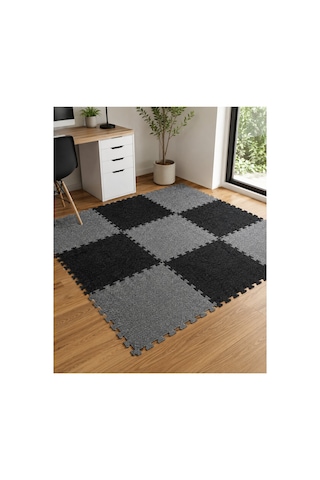 Puzzle Karo Halı Geçmeli Modüler Yer Döşemesi Siyah Gri Karo Halı Ofis Halısı Ev Halısı Çalışma Odası Zemin Kaplama Halısı Sök Tak Kullanımlı 50x50 Cm Siyah