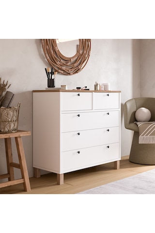 Robin Home Alaska Şifonyer 5 Çekmece Ahşap Ayaklı Sepet-beyaz Beyaz