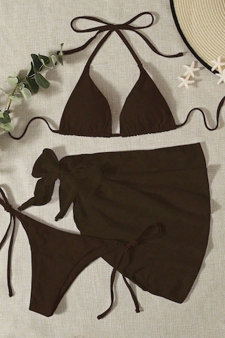 Angelsin Pareolu Bağlamalı 3'lü Bikini Takım Set Çıkartılabilir Kaplı Siyah