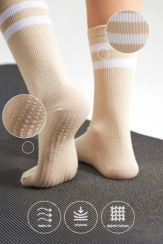Bambu Kadın Krem Kaydırmaz Taban Silikon Baskı Yoga Fitness Pilates Bale Dans Tenis Çorabı Çok Renkli