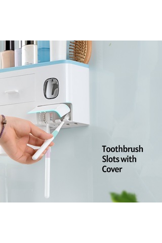 Geeksen Duvara Monte Diş Fırçası Askısı Dispenseri Delme Gerekmez Yer Tasarrufu Manyetik Diş Macunu Sıkacağı Bardak Banyo Düzenleyici Ev Ticari Mavi