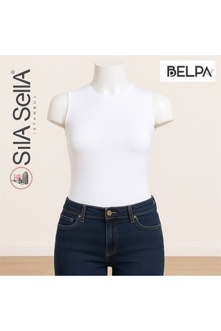Belpa Sıla Sella Yuvarlak Yaka Sıfır Kol Atlet Beyaz