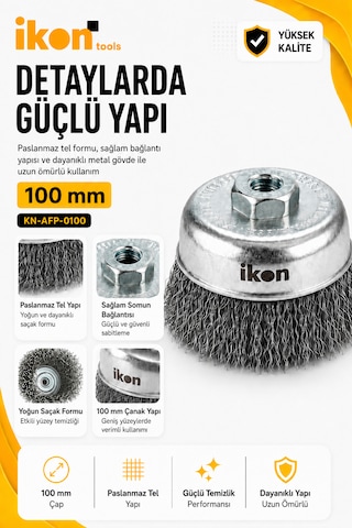 İkon Tools Paslanmaz Saçaklı Çanak Fırça 100 Mm M14x2 Spiral Uyumlu Pas Boya Çapak Temizleme Fırçası