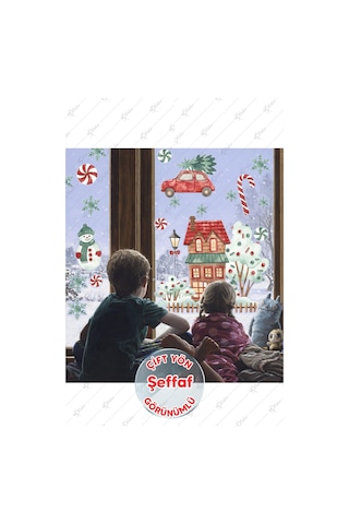 Yılbaşı Karlı Ev Ağaçlar Yeni Yıl Süsleri Çocuk Bebek Odası Sticker Seti - Şeffaf Dijital Baskı