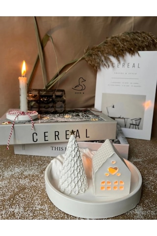 Dağ Görünümlü Tabak Çukur Ev Şeklinde Tealight Mumluk Çam Ağacı Dekor Set