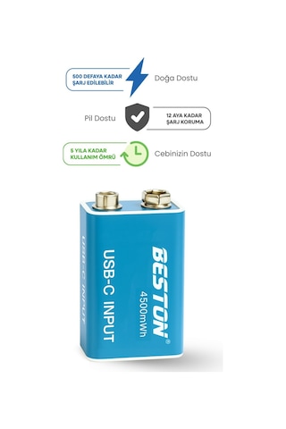 Type-c Usb Şarjlı 9v Pil Beston 1200mah 4500mwh Uzun Ömürlü 500 Şarj Döngüsü