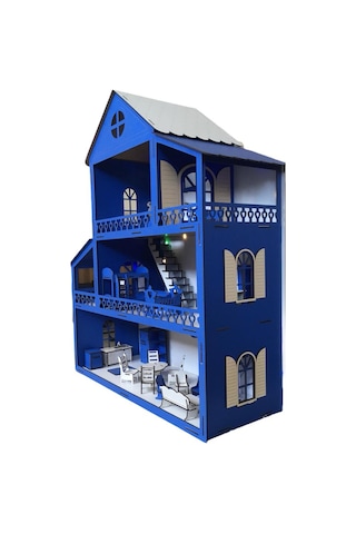 Ahşap Oyun Evi 100Cm 36 Eşya Mavi Led Işıklı