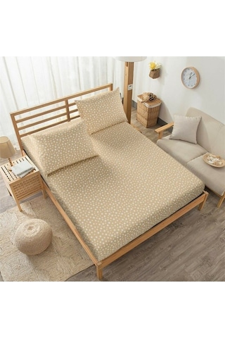 Battal Boy Lastikli Çarşaf Ve Yastık Kılıfı Sütlü Kahve Yıldız Desenli 180x200 Battal Boy Lastikli Çarşaf Ve Yastık Kılıfı Sütlü Kahve Yıldız Desenli 180x200